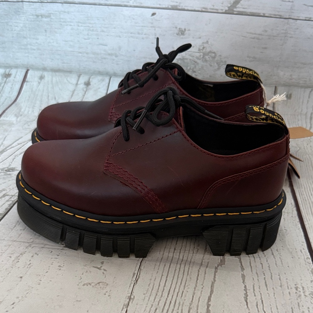 Dr. Martens Burgundy Leather Chunky Lace-Up Oxfords with Yellow Stitching - Picture 3 of 9